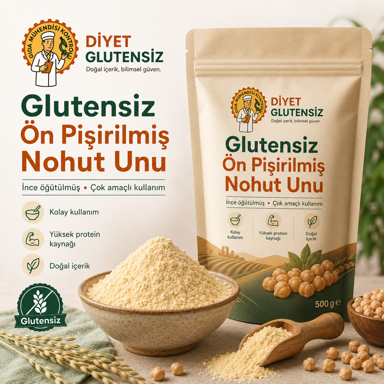 Glutensiz Ön Pişirilmiş Nohut Unu 1 KG