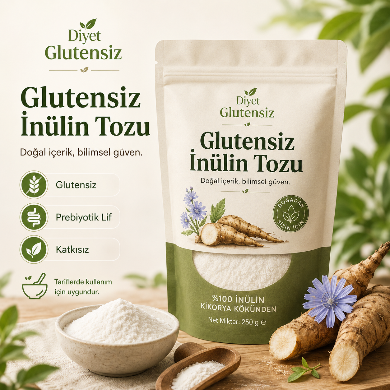 Glutensiz İnülin Tozu (Hindiba Kökü Prebiyotik Lif) 100 G