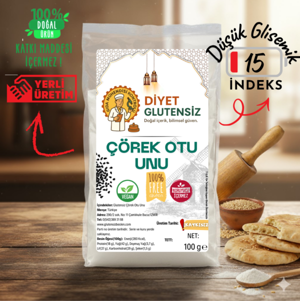 Glutensiz çörek otu unu ile ekmek ve kraker Glutensiz çörek otu unu 100 g