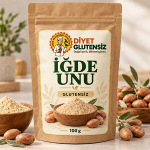 Diyet Glutensiz İğde Unu 100 g logolu temsili ambalaj ve sunum görseli