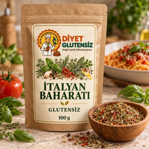 Diyet Glutensiz Glutensiz İtalyan Baharatı 100 G için temsili ambalaj ve makarna servis sunumu.