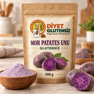 Glutensiz Mor Patates Unu 500 G — Diyet Glutensiz Diyet Glutensiz Glutensiz Mor Patates Unu 500 G için temsili ambalaj ve mor patates sunumu.
