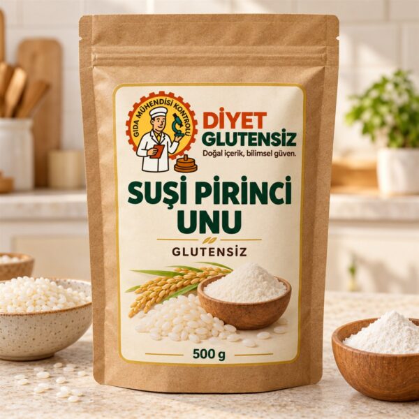 Diyet Glutensiz Glutensiz Suşi Pirinci Unu 500 G için temsili kraft ambalaj, pirinç taneleri ve un sunumu.