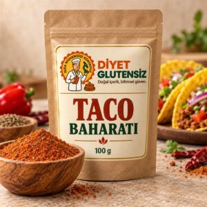 Glutensiz Taco Baharatı 100 G — Diyet Glutensiz Diyet Glutensiz Glutensiz Taco Baharatı 100 G için temsili ambalaj ve taco servis sunumu.