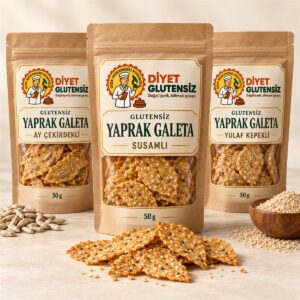 Glutensiz Yaprak Galeta 50 G — üç çeşit Diyet Glutensiz markalı susamlı, ay çekirdekli ve yulaf kepekli yaprak galeta için temsili ürün sunumu.